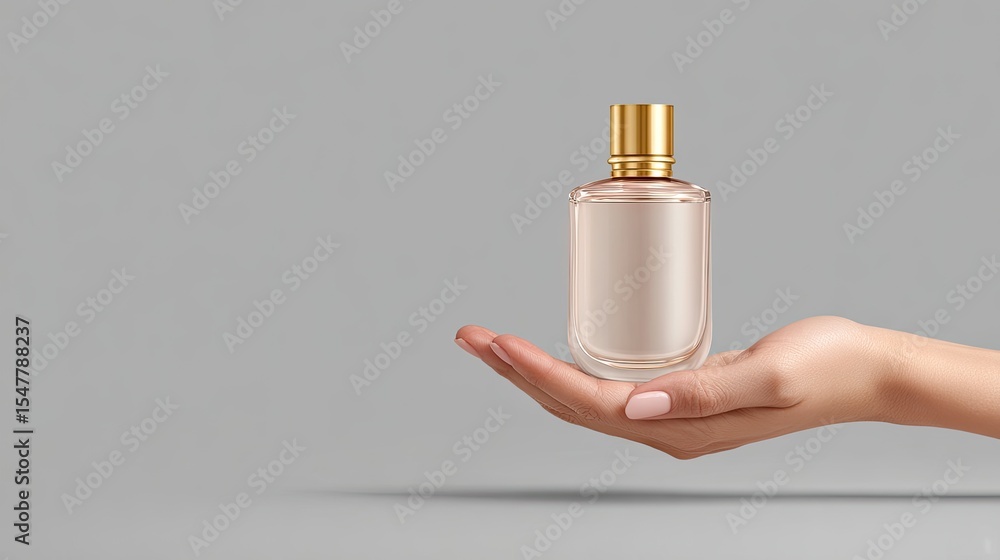 Naklejka premium Elegant Hand Holding Clear Perfume Bottle with Gold Cap Display