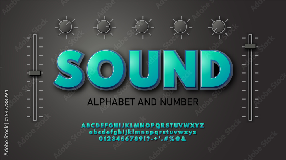 Obraz premium Bold 3D Turquoise Font with Shadow. Modern Vector Alphabet with Letters and Numbers for Posters, Party Flyers, Club Designs, Festival Titles, and Retro Typographic Projects