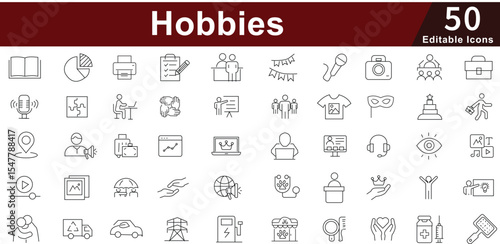 Hobbies Icon Set - 50 Editable Leisure Activity Icons for Creative Crafts, Sports and Entertainment Vector Collection