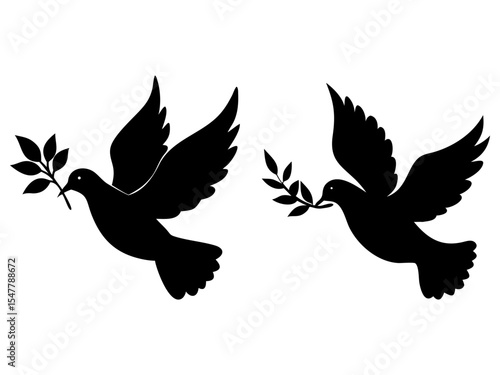 Set of flying dove with branch holding full black silhouette vector illustration design