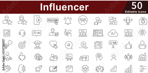 Influencer Social Media Icon Set - 50 Editable Content Creator Icons for Digital Marketing, Brand Partnership and Online Engagement Vector Collection