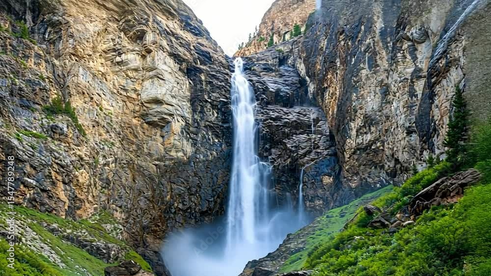 The majestic waterfall cascades down between two towering cliffs The majestic waterfall cascades down between two towering cliffs