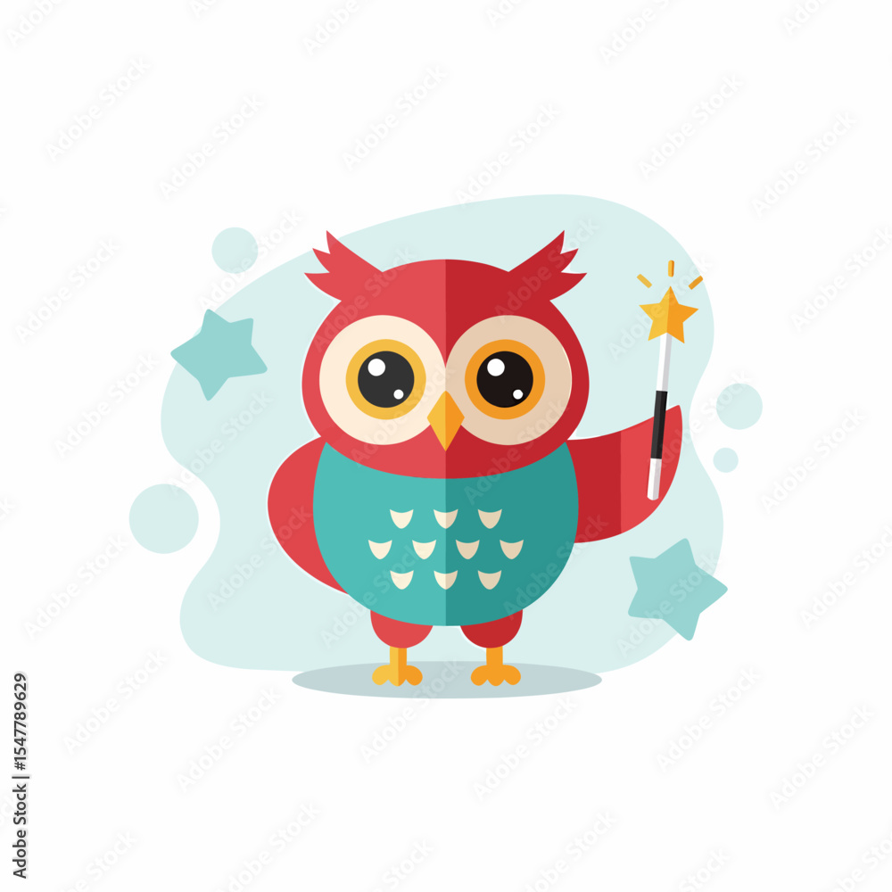 Obraz premium Cartoon Owl Magician with Magic Wand for Kid's Illustration