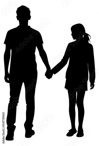 Young couple holding hand full black silhouette vector illustration design