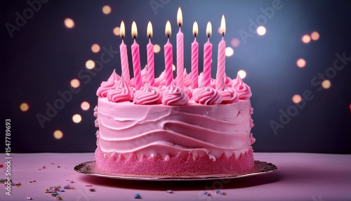 pretty pink birthday cake with pink frosting and nine pink birthday candles