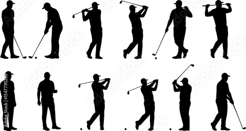 Golf player silhouette set, professional golfer pose, swing action, golf club stance, male athlete illustration, sportsman collection, outdoor sports scene, training and competition vector