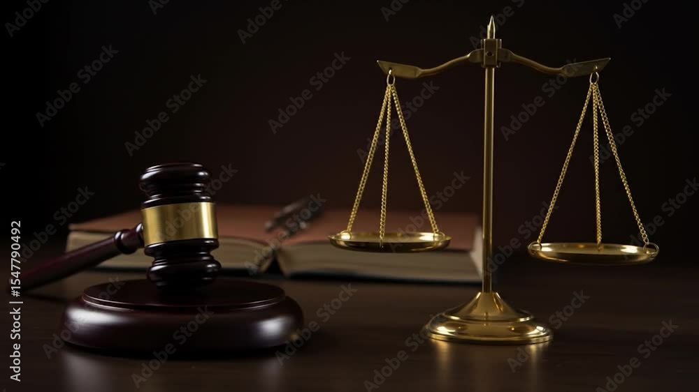 Justice in Focus: Gavel, Scales, and Legal Book Symbolizing Law and Order in a Courtroom Setting Justice in Focus: Gavel, Scales, and Legal Book Symbolizing Law and Order in a Courtroom Setting