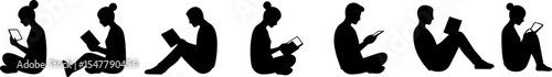 Silhouette people reading and using tablet, sitting floor, casual posture, male female digital learning, e-learning concept, relaxed position, modern education, quiet activity illustration