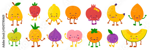 Cute fruits and berries characters set. Cartoon fruits vector mascots collection.