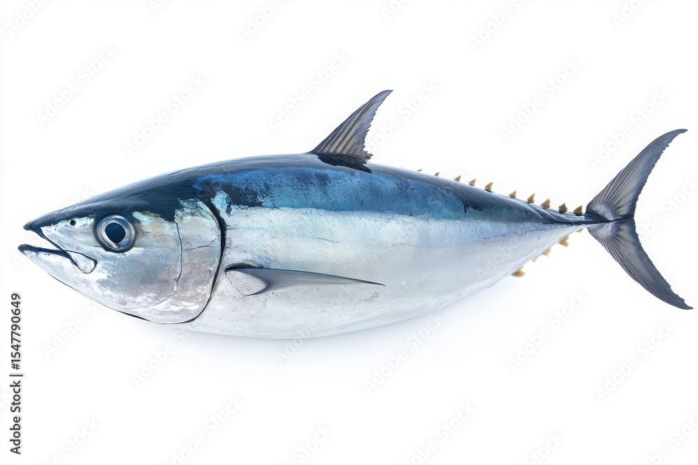 Obraz premium A single tuna fish displayed against a plain white background in full view