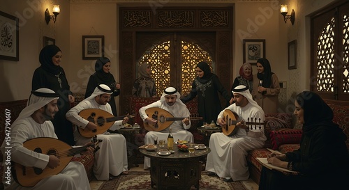 A group of Middle Eastern people are gathered in a living room, playing music and celebrating together, creating a warm and festive atmosphere
