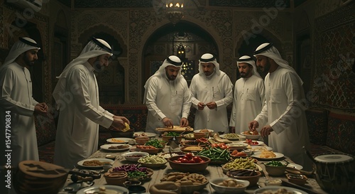 A group of men in traditional clothing prepare and serve food at a table laden with dishes in an ornate room