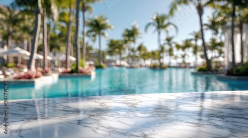 Marble tabletop with blurred tropical pool background