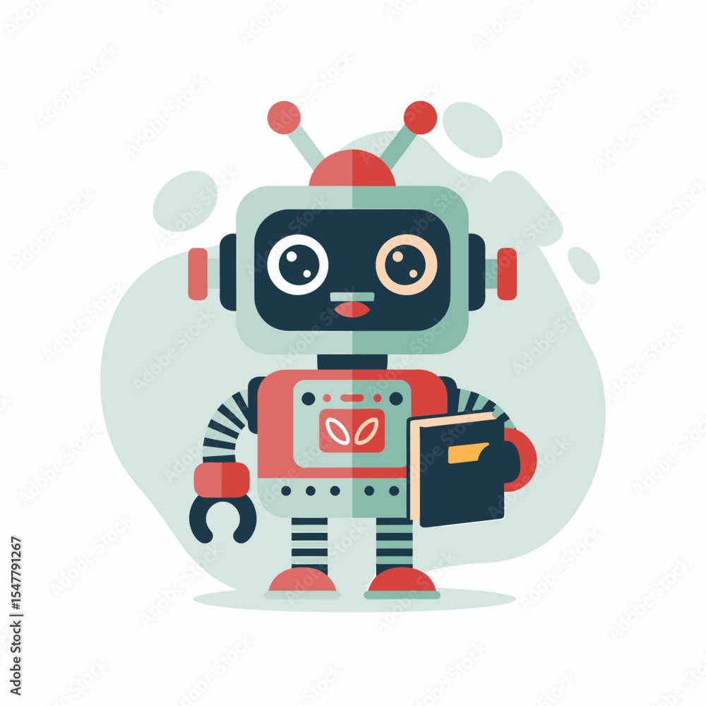 Fototapeta premium Cheerful Robot Holding Book Vector Illustration Design for Educational Purposes