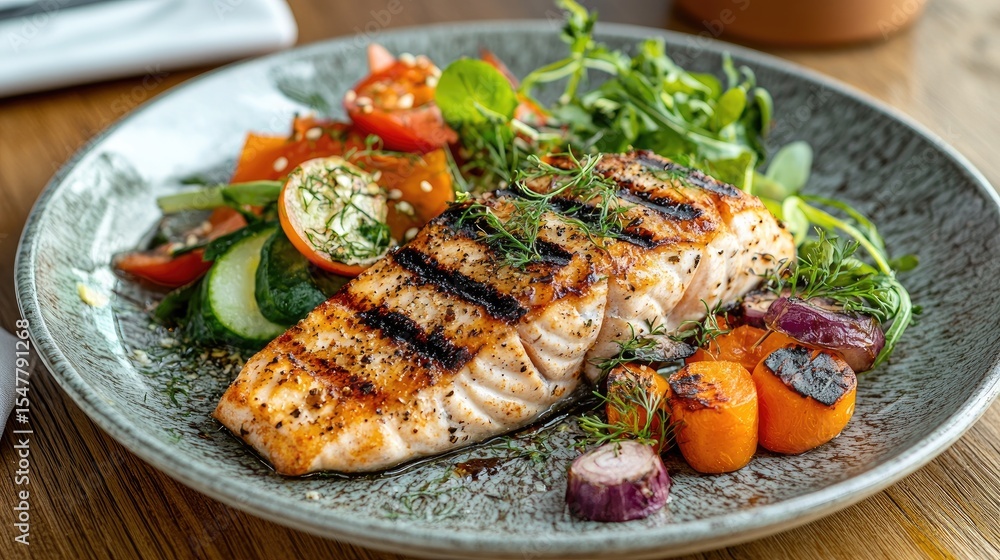 A plate of grilled zander fish served with fresh vegetables on the side for a healthy meal. A plate of grilled zander fish served with fresh vegetables on the side for a healthy meal.