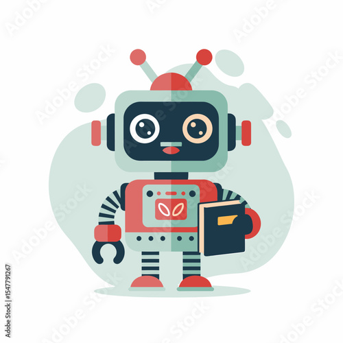Cheerful Robot Holding Book Vector Illustration Design for Educational Purposes