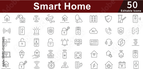 Smart Home & Security Line Icons set - Automation, IoT, Control, Safety & Technology Vector. Editable Stroke 