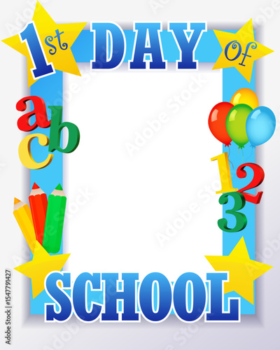 1st day of school selfie photo frame design. Back to school creative booth template, welcome to 2025-2026 academic year. Vector illustration