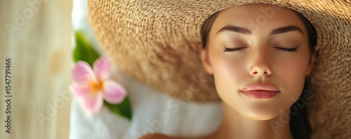 Serene Woman with Straw Hat and Plumeria, Spa Relaxation, Beauty Treatment, Spa Day Spa, Relaxation