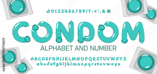 Condom Font Alphabet. Realistic cartoon Latex Letters in Contraceptive Style.  Typography for Health Posters, Awareness Campaigns, Medical, Erotic, and Educational Design Projects