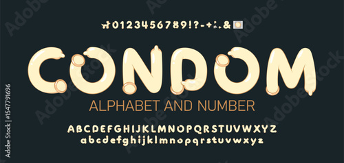 Condom Font Alphabet. Realistic cartoon Latex Letters in Contraceptive Style.  Typography for Health Posters, Awareness Campaigns, Medical, Erotic, and Educational Design Projects