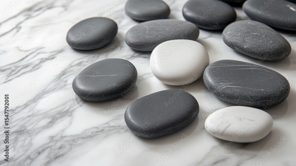 Smooth Gray and White Stones on Marble, Spa Relaxation, Zen Spa stones, Marble texture Smooth Gray and White Stones on Marble, Spa Relaxation, Zen Spa stones, Marble texture