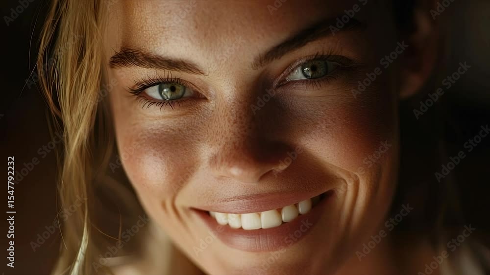 Close-up portrait of a woman with freckles, blonde hair, and a subtle smile. She has green eyes and sun-kissed skin Close-up portrait of a woman with freckles, blonde hair, and a subtle smile. She has green eyes and sun-kissed skin