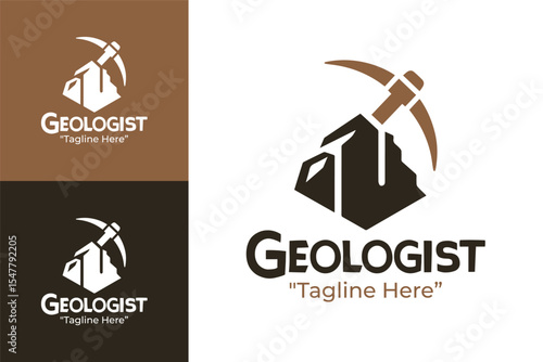 Creative Geologist Logo with Pickaxe and Mountain, Earth Tone Colors