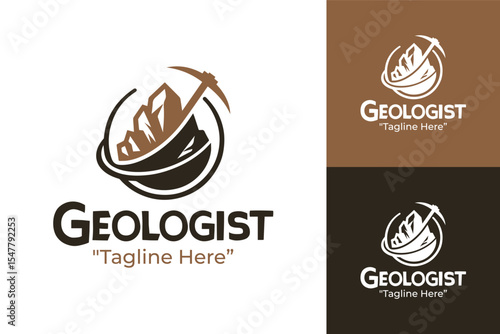 Modern Geologist Logo Featuring Miner with Pickaxe and Mountain Exploration, Brown and White