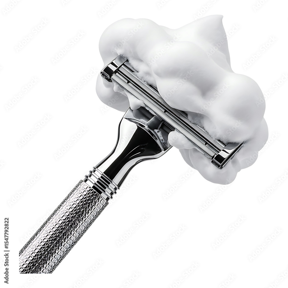 Naklejka premium silver safety razor with shaving foam cloud, traditional men�s grooming accessory for a clean and smooth shave
