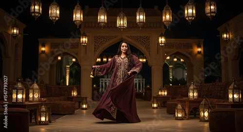 Elegant woman in traditional dress dances surrounded by ornate lanterns at night, creating a festive atmosphere