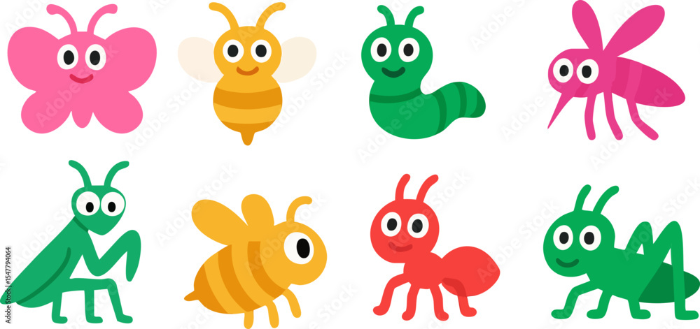 Naklejka premium Cute Cartoon Insects – Vector Icons of Butterfly, Bee, Ant, Caterpillar & More for Kids