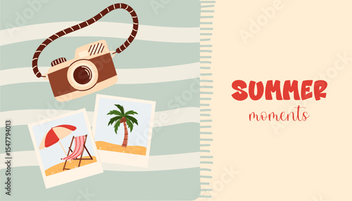 Camera with two photos from a summer vacation. Photos of a palm tree and a sun lounger with a beach umbrella. Camera and photos on a beach towel. Summer vacation memories. Travel photography concept