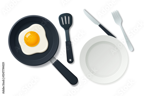 Fried egg in a frying pan and kitchen utensils for eating food isolated on a light background. Vector 3d illustration.