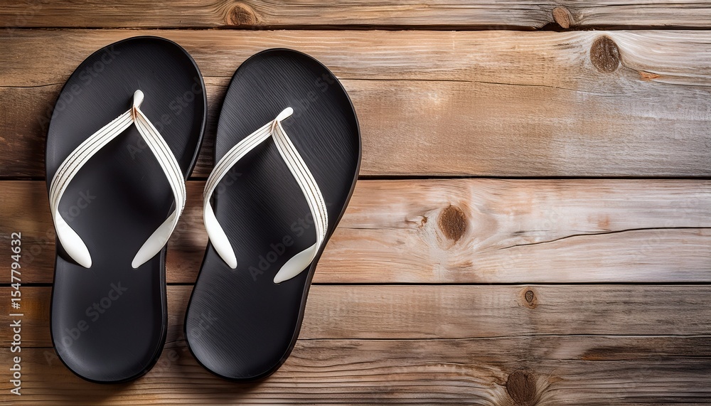 classic black and white flip flops resting against rustic wooden wall suitable for minimalist lifestyle photos countryside travel themes or rural relaxation stories with natural textures