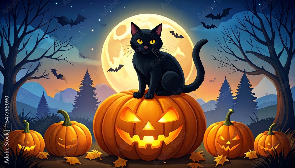 Spooky Halloween Night: Black Cat on Jack-o'-lantern under the Full Moon Spooky Halloween Night: Black Cat on Jack-o'-lantern under the Full Moon