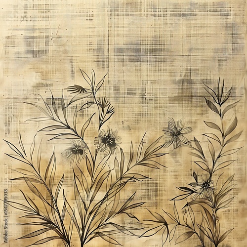 Papyrus Background with Bamboo Illustrations in Vintage Style