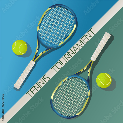 Tennis rackets and balls on tennis court. Vector realistic poster illustration for Wimbledon tournament, international tennis competition.