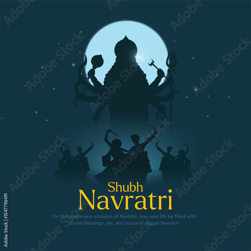 Happy Navratri, silhouette illustration of couple playing Dandiya with background goddess Durga, Garba Night banner poster for Navratri Dussehra festival of India.