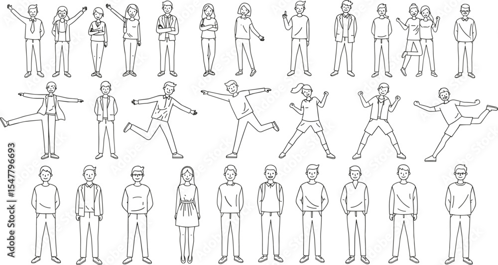 Diverse character poses, business and casual people, vector man woman illustration, group standing walking jumping, outline drawing bundle, line art human figure graphics set Diverse character poses, business and casual people, vector man woman illustration, group standing walking jumping, outline drawing bundle, line art human figure graphics set