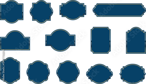 Elegant vintage labels in deep navy blue color with ornate gold border. Classic badges for luxury branding, premium packaging and invitations. Set of vector designs with blank space