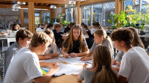 Youth Empowerment Eco-Workshop with Teenagers Creating Sustainable Design Projects in Bright Classroom

