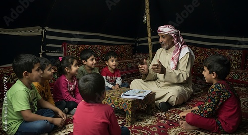 Elderly man in traditional Arabian dress reading to attentive children gathered in a tent on a patterned carpet