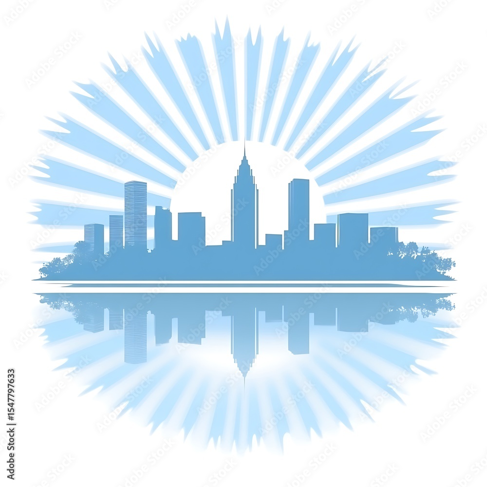 Naklejka premium A stylized blue cityscape with a sunburst and reflections