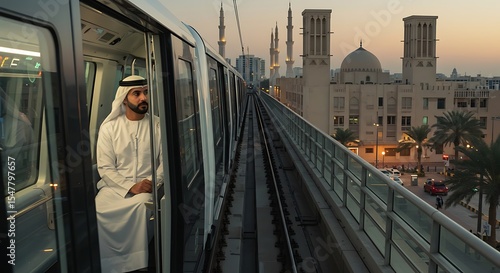 Pensive Emirati man in traditional dress rides a modern metro train, with iconic architecture in Dubai visible during sunset