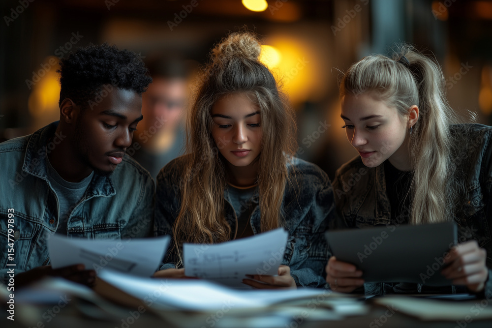 Three Young Adults Studying Together with Documents and a Tablet in a Cozy Setting Three Young Adults Studying Together with Documents and a Tablet in a Cozy Setting