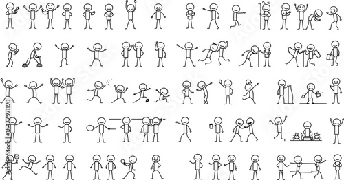 Stick figure people collection, diverse action poses, simple hand-drawn characters, cute sketch doodles, walking, running, jumping, playing, exercising, joyful expressions, vector design bundle,