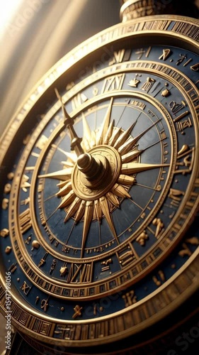 Detailed close-up of intricate vintage astrolabe with golden elements, roman numerals and symbolic signs, a historical navigation instrument