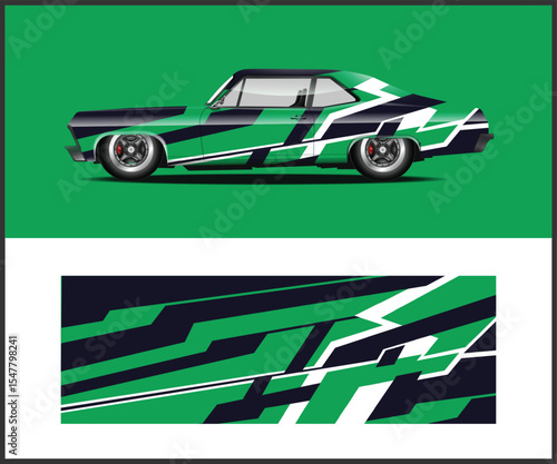 Classic Muscle Car with Abstract Green and Black Vinyl Wrap Design