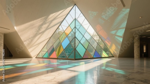 Interior Space with Geometric Stained Glass Window Casting Colorful Light Patterns